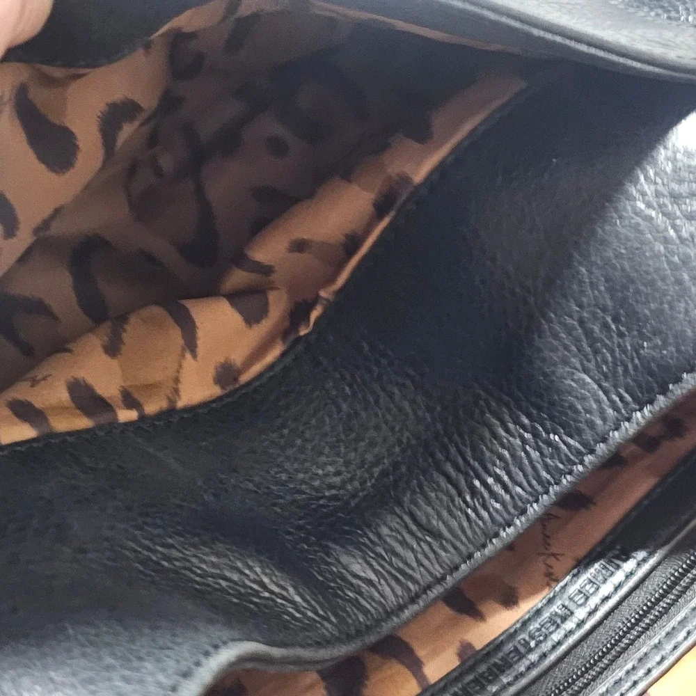 Aimee Kestenberg Black Pebbled Leather Crossbody Bag Chain Accent Leopard Lining